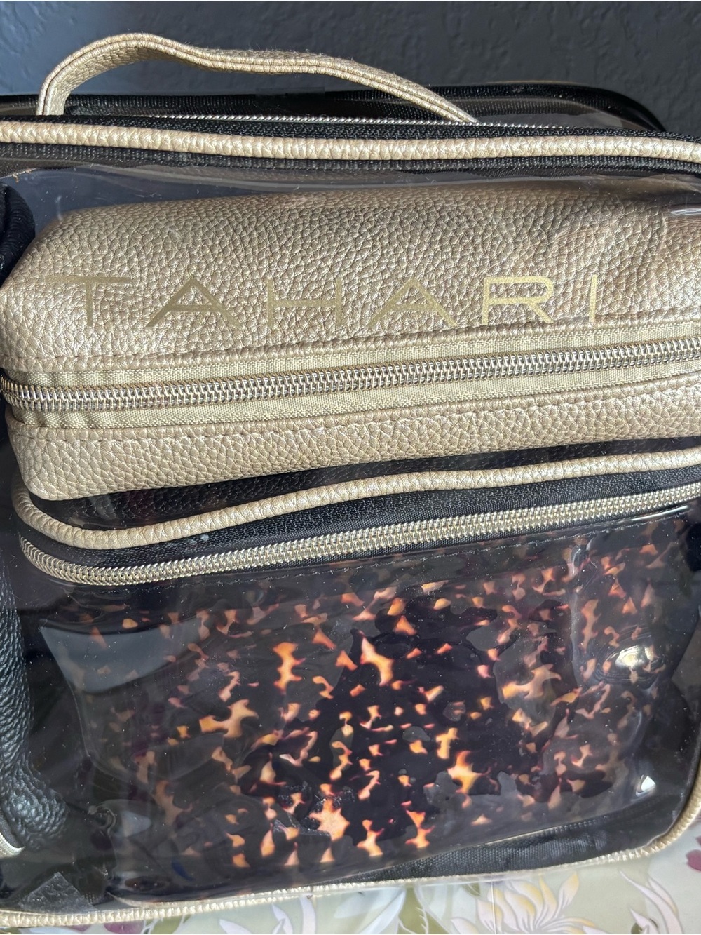 Tahari Gold and Tortoise-Print Clear Travel Toiletry Bag